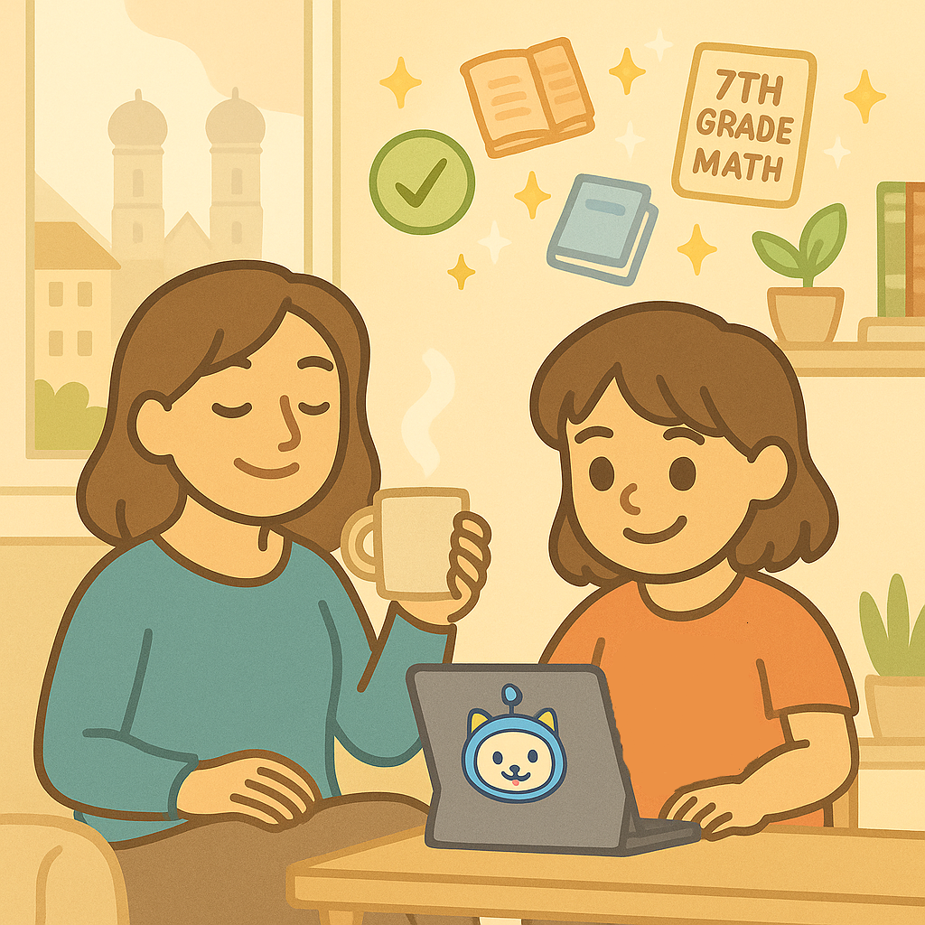 Parent enjoying coffee while child learns on tablet